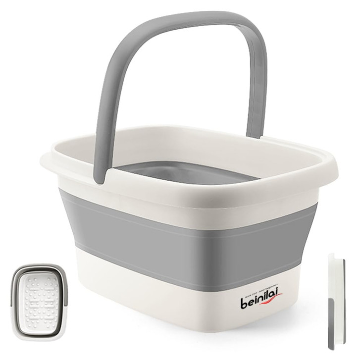 Beinilai Collapsible Foot Bath Basin for Soaking Feet,Foot Soak Tub,Plastic Foot Bucket with Handles and Massage Acupoint,Foldable Laundry Basket-Ger