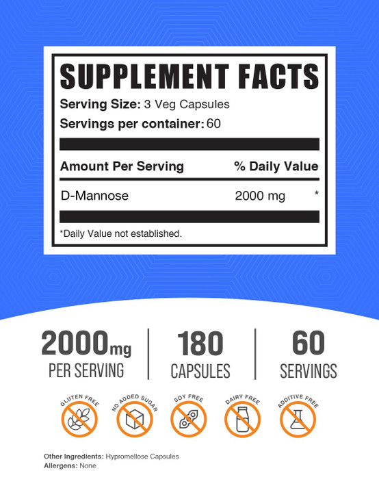 BulkSupplements.com D-Mannose Capsules - D-Mannose Supplement, for Urinary Tract Support - Vegan & Gluten Free, 3 Capsules per Serving (2000mg), 180