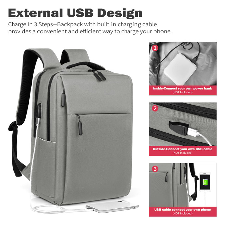 Droombouw Travel Laptop Backpack Holds Both 15.6" Laptop and 9.7" Tablet with USB Charging Port Water-Resistant Work Backpack (Light Grey)