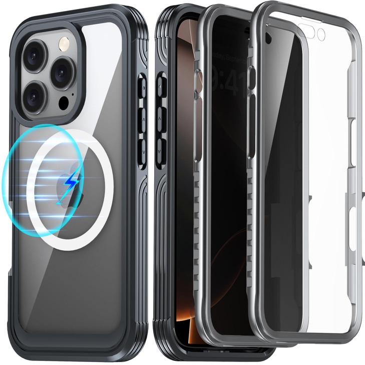 AMILIFECASES for iPhone 16 Case, Double Front Frame Built-in 9H Tempered Glass Screen Protector + Privacy Screen Protector, Compatible with MagSafe,