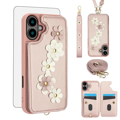 Asuwish Phone Case for iPhone 16 Plus 6.7 inch Wallet Cover with Tempered Glass Screen Protector Credit Card Holder Slot Crossbody Strap Stand Flower