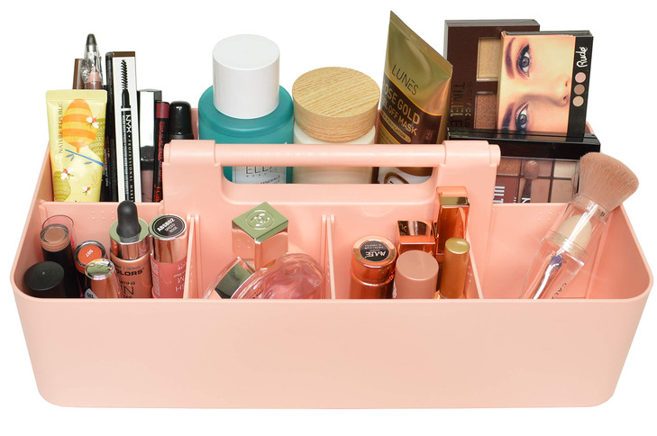 New Plastic Portable Makeup Organizer Caddy Tote Divided Basket Bin with Handle, for Bathroom Storage Made In USA (Indie Pink)