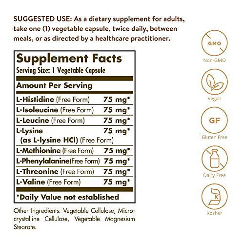 Solgar Essential Amino Complex, 90 Vegetable Capsules - Free Form Essential Amino Acids - Non-GMO, Vegan, Gluten Free, Dairy Free, Kosher - 90 Servin