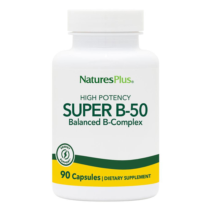 NaturesPlus Super B-50 - High-Potency B Complex Vitamin with Choline, Inositol & PABA - Supports Energy, Recovery & Healthy Skin and Hair - Vegan, Gl