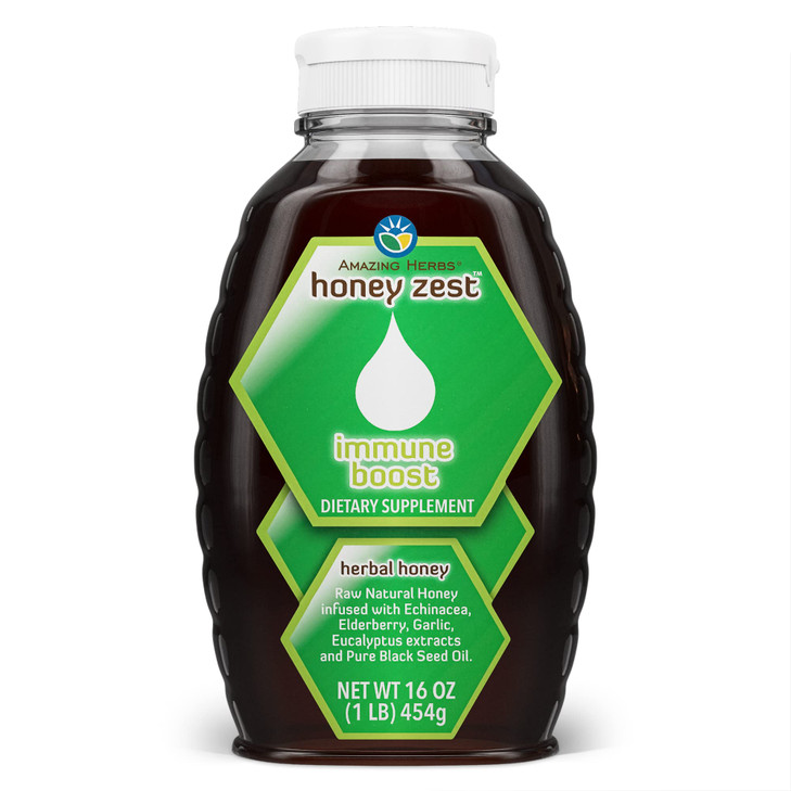 Amazing Herbs Raw Natural Honey - Herbal Honey Infused with Echinacea, Elderberry, Garlic, Eucalyptus Extracts & Pure Black Seed Oil, Non GMO, Gluten
