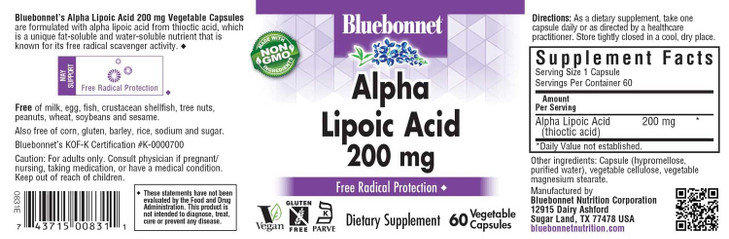 Bluebonnet Alpha Lipoic Acid 200mg - Powerful Antioxidant Nerve Support Supplement - For Women & Men Daily - Non-GMO, Vegan, Kosher - Gluten-Free, So