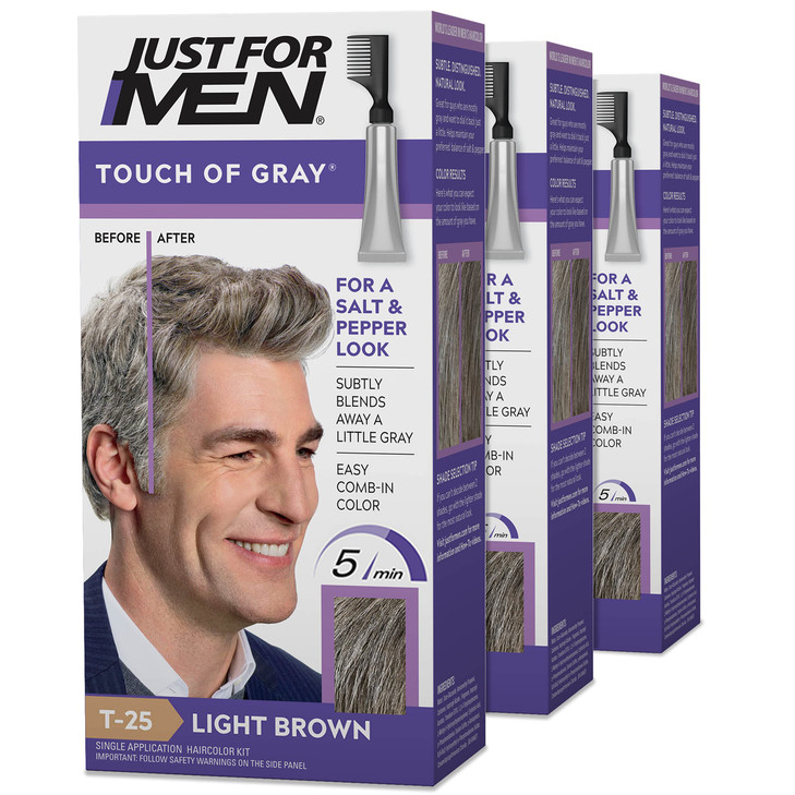 Just For Men Touch of Gray, Mens Hair Color Kit with Comb Applicator for Easy Application, Great for a Salt and Pepper Look - Light Brown, T-25, Pack