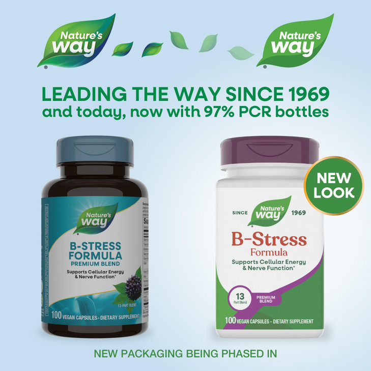 Nature's Way B-Stress Formula, Supports Cellular Energy & Nerve Function*, With Vitamins C, B12, Vitamin B6 & More, Gluten Free, 100 Vegan Capsules (