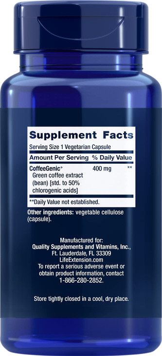 Life Extension CoffeeGenic® Green Coffee Extract, 400 mg, standardized for 50% chlorogenic Acid, After-Meal Metabolism Support, Gluten Free, Non-GMO,