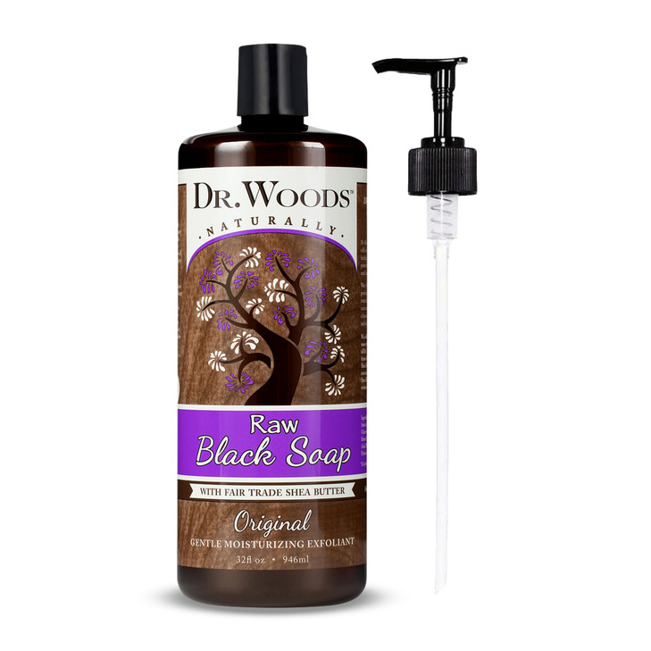 Dr. Woods Raw Liquid Black Soap with Pump - Body Wash for Men and Women, Gentle Exfoliant, Natural Cleanser for Face, Hands, and Body - 32 Fl Oz