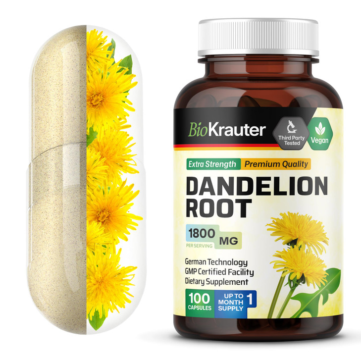 BIO KRAUTER® Dandelion Root Extract - Vegan & Pure Dandelion Root Capsules 1800 mg per Serving 100 Caps - Used for Liver & Kidney Support, Cleanse &
