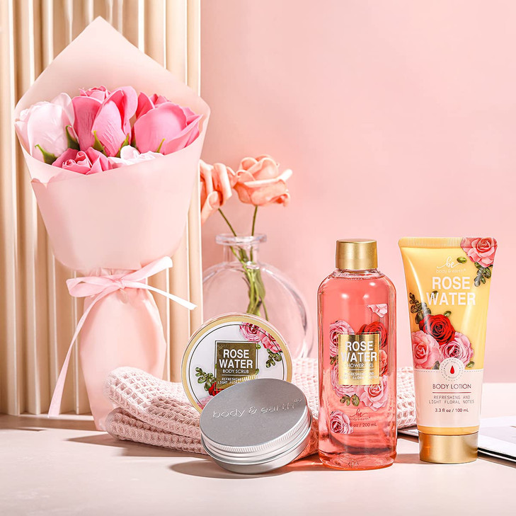 Mothers Day Gifts for Mom, Spa Birthday Gift Baskets for Women Her Wife Girlfriend, with Rose Scented Shower Gel, Body Scrub, Body Lotion, Hand Soap