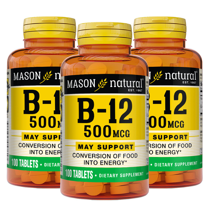 MASON NATURAL Vitamin B12 500 mcg with Calcium, Supports Energy & Nerve Health, 100 Tablets, Pack of 3