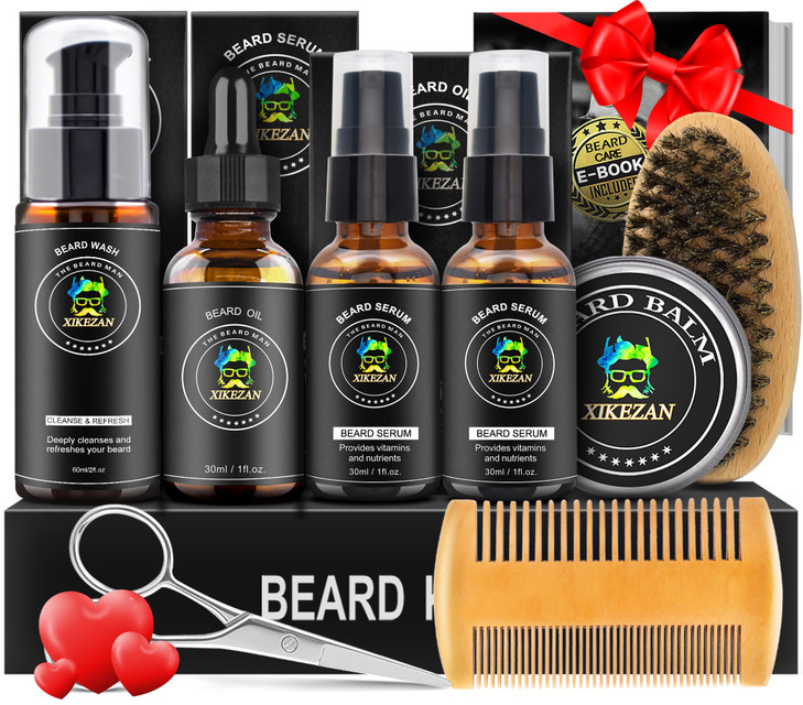 XIKEZAN Beard Kit for Men Grooming & Care Set w/2 Pack Beard Serum, Wash, Oil, Balm, Comb, Brush, Scissor, Bag, EBook, Unique Birthday Gifts for Men