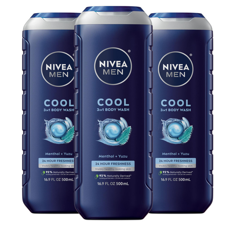 NIVEA MEN Cool Body Wash, Icy Menthol and Yuzu Scent, 3-in-1 Men's Body Wash, Face and Hair, Paraben Free, pH-Skin Friendly, 16.9 Fl Oz Bottle, Pack