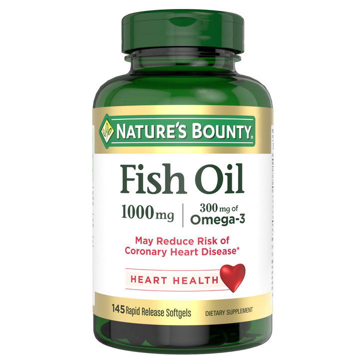 Natures Bounty Fish Oil, Supports Heart Health, 1000mg, Rapid Release Softgels, 145 Ct