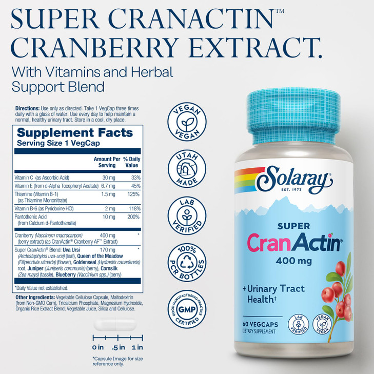 SOLARAY Super CranActin Cranberry Extract 400mg | Healthy Urinary Tract Support | with Added Vitamins | 60 VegCaps