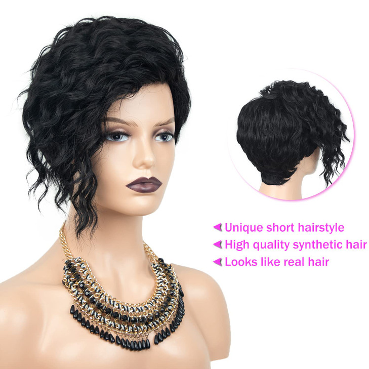 SEVENCOLORS Short Curly Pixie Wigs for Black Women Natural Looking Black Wavy Wigs with Side Bangs Synthetic Short Hair Asymmetrical Wig