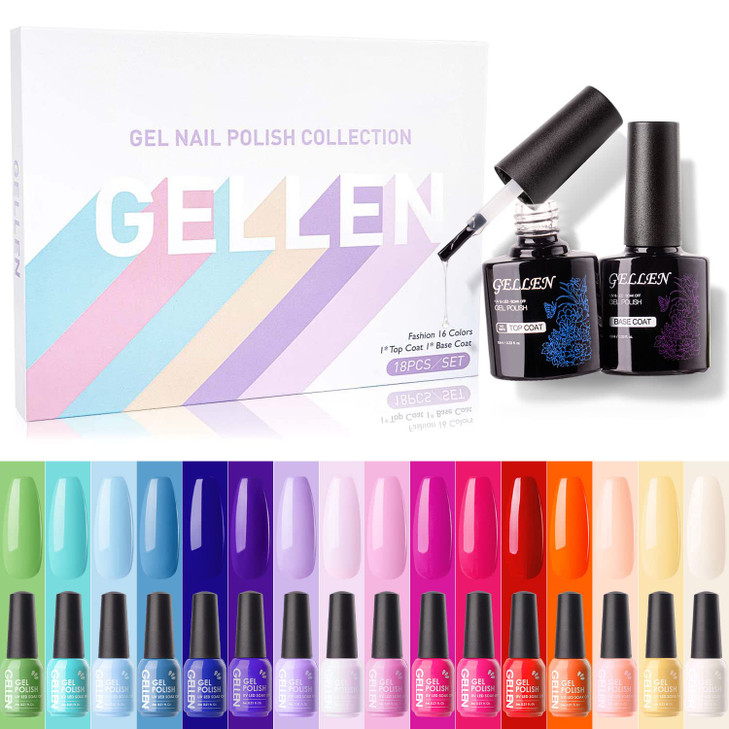 GELLEN 16 Colors Gel Nail Polish Set With Top Base Coat - Pink Red Nudes Makeup Colors Collection for All Season, Popular Solid Sparkle Glitters Nail