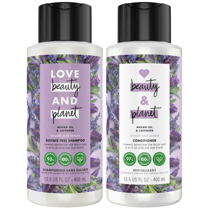 Love Beauty Planet Shampoo and Conditioner, Argan Oil & Lavender, Smooth & Serene - Sulfate-Free Shampoo & Conditioner, Frizz Control, Hair Smoothing
