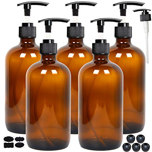 Youngever 5 Pack Empty Amber Glass Pump Bottles, 8 Ounce Lotion Pump Bottles, Soap Dispenser, Refillable Containers, Durable Black Pumps
