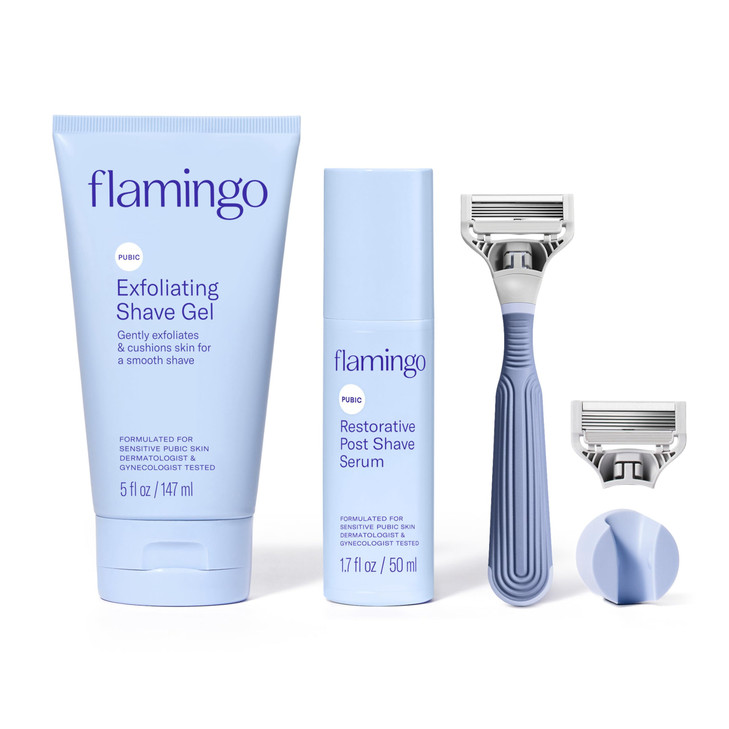 Flamingo Pubic Hair Razor for Women, Shaving Kit, 1 Razor, Exfoliating Shaving Gel 5 fl oz - Restorative Post Shave Serum 1.7 fl oz, Starter Set, Ful