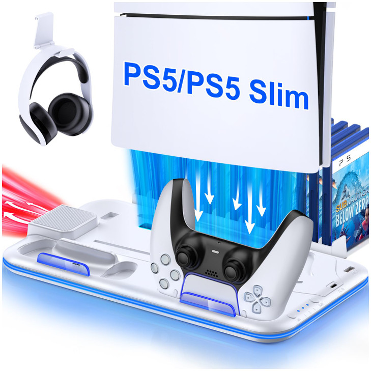 Cooling Station for PS5 / PS5 Slim Console, Vertical Stand with Dual Controller Charger for PlayStation 5, 3-Level Cooling Fan for PS5/ 2023 PS5 Slim