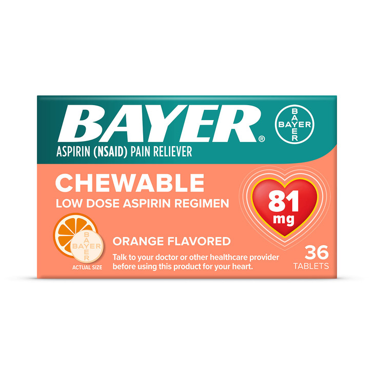Bayer Chewable Low Dose Aspirin 81 mg Tablets 36 Count Orange, Pack of 6