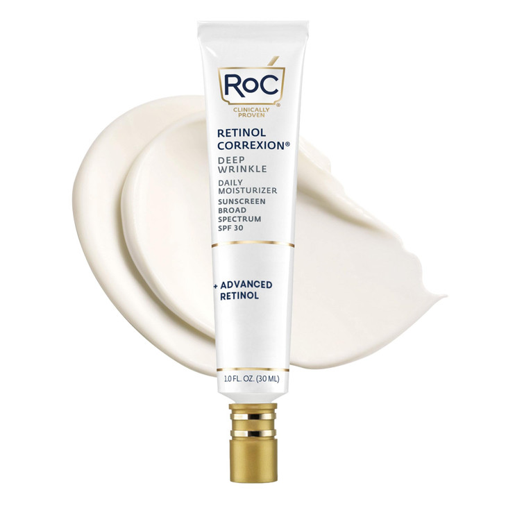 RoC Retinol Correxion Deep Wrinkle Daily Face Moisturizer with Sunscreen SPF 30 for Fine Lines, Dark Spots, Post-Acne Scars, 1 Ounce (Packaging May V