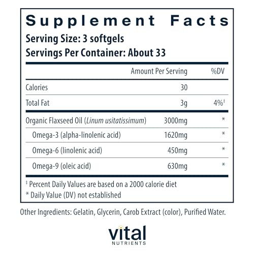 Vital Nutrients Flax Seed Oil 3000mg - Cold Pressed Flax Oil with high Concentration of ALA for Heart Health* - Gluten, Dairy and Soy Free - Non-GMO
