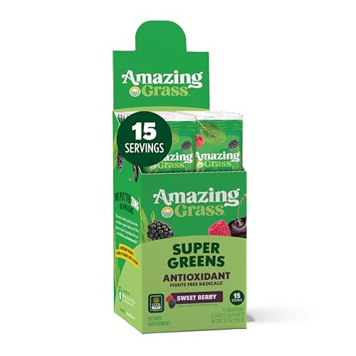 Amazing Grass Greens Blend Antioxidant: Super Greens Powder with Spirulina, Beet Root Powder, Elderberry, Prebiotics & Probiotics, Sweet Berry, 15 Se