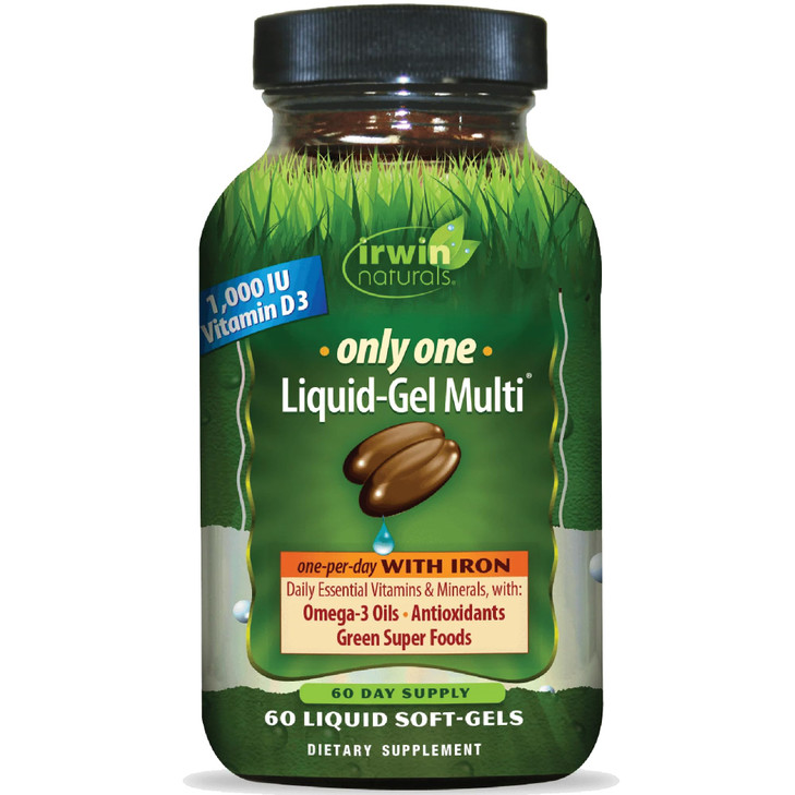 Irwin Naturals Only One Liquid-Gel Multi with Iron - 60 Liquid Softgels - Daily Essential Vitamins, Minerals, Antioxidants, Omega-3s & Green Super Fo