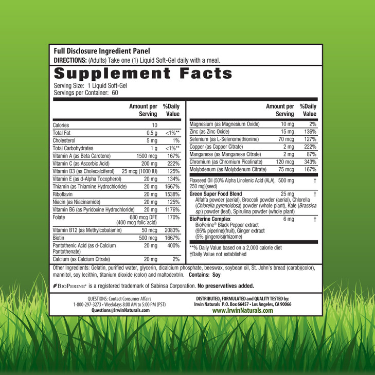 Irwin Naturals Only One Liquid-Gel Multi - 60 Liquid Softgels - No Iron Daily Essential Vitamins, Minerals, Antioxidants, Omega-3 & Green Super Foods