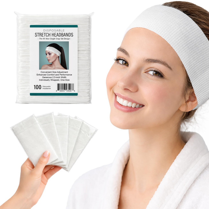 APPEARUS Disposable Spa Facial Headbands (100 Pack)  Individually Wrapped, Stretchable Non-Woven Hair Wraps with Single Snap Tab for Estheticians, M