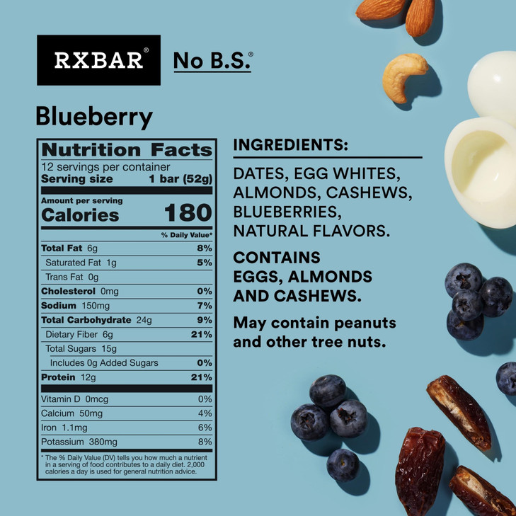 RXBAR Protein Bars, Protein Snack, Snack Bars, Blueberry, 22oz Box (12 Count)