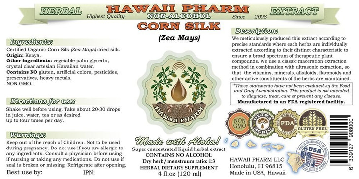 Corn Silk Alcohol-Free Liquid Extract, Organic Corn Silk (Zea Mays) Dried Silk Glycerite Hawaii Pharm Natural Herbal Supplement 2 oz