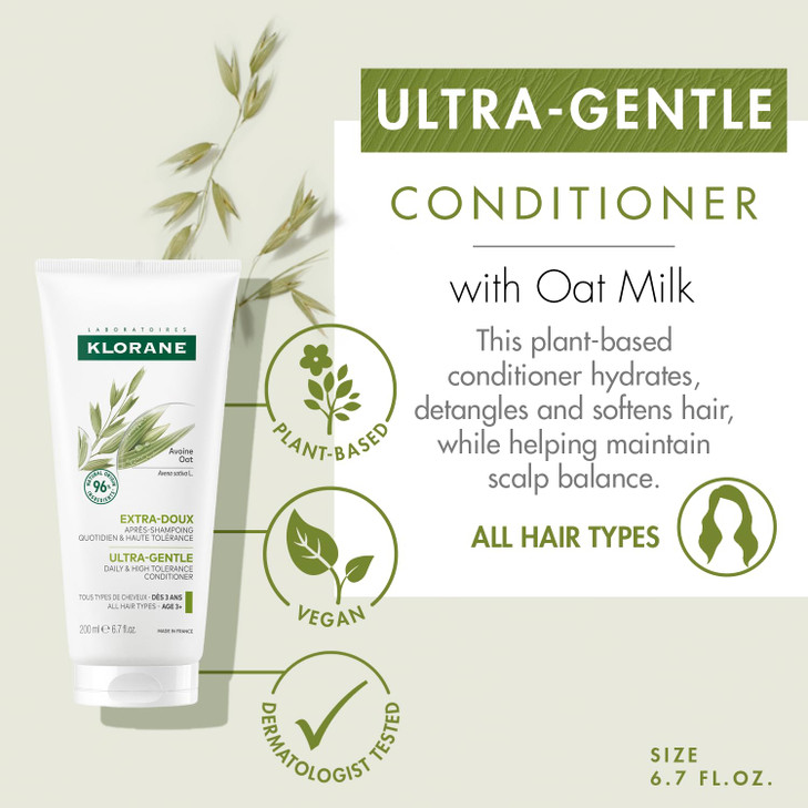 Klorane Ultra-Gentle Conditioner with Oat Milk - Sulfate-Free - Dermatologist and Pediatric Tested - Hypoallergenic, Vegan, Plant-Based Formula - Hig