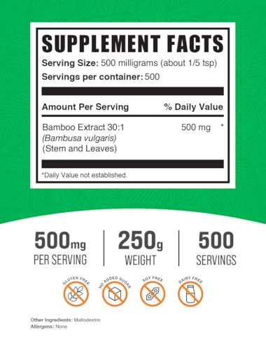 BulkSupplements.com Bamboo Extract Powder - Silica Supplements, Bamboo Powder - Herbal Supplement, Gluten Free, 500mg per Serving, 250g (8.8 oz) (Pac