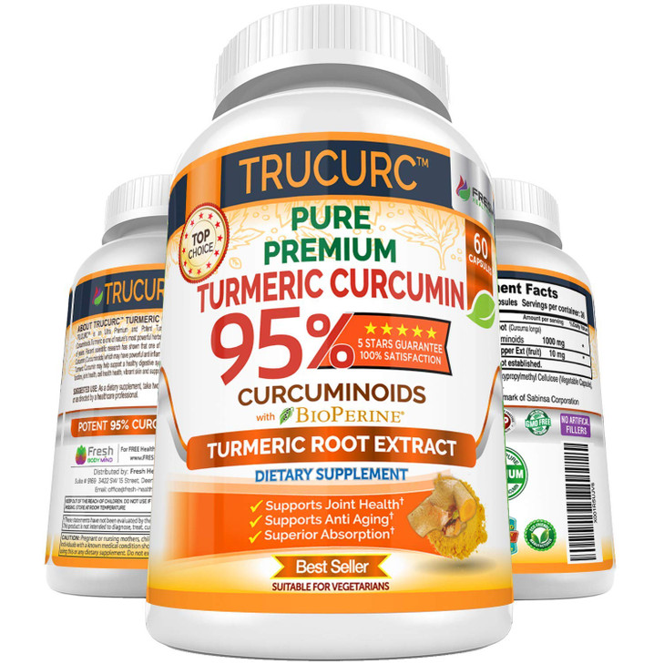 FRESH HEALTHCARE Trucurc Turmeric Curcumin with Black Pepper - 95% Pure Curcumin for Potent Joint Support - Max Absorption for Natural Joint Health -