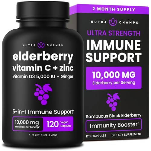 Elderberry with Vitamin C and Zinc - 5 in 1 - Immunity Support Supplement, 10,000mg Sambucus Black Elderberry Capsules with Vitamin D3 5000 IU, Sambu