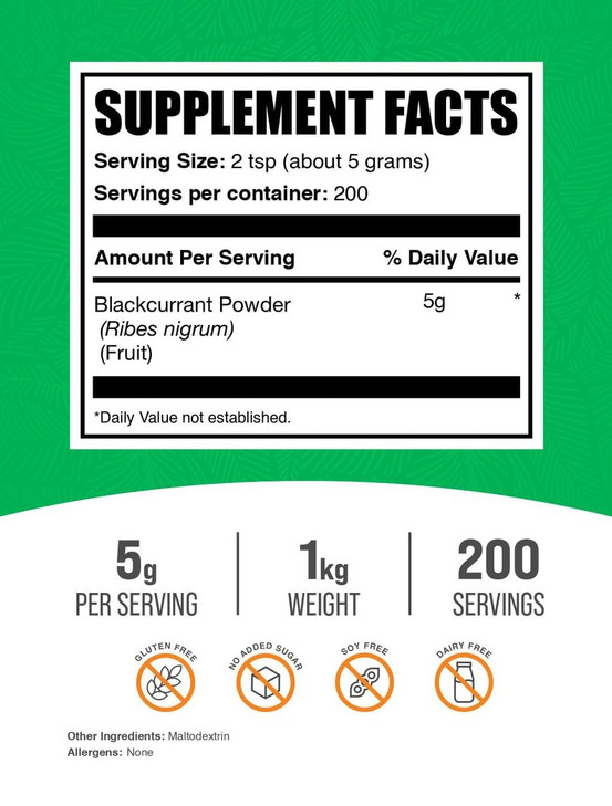 BulkSupplements.com Blackcurrant Powder - Black Currant Supplement, Superfood Supplement - Air Dried & Gluten Free, 5g per Serving, 250g (8.8 oz) (Pa