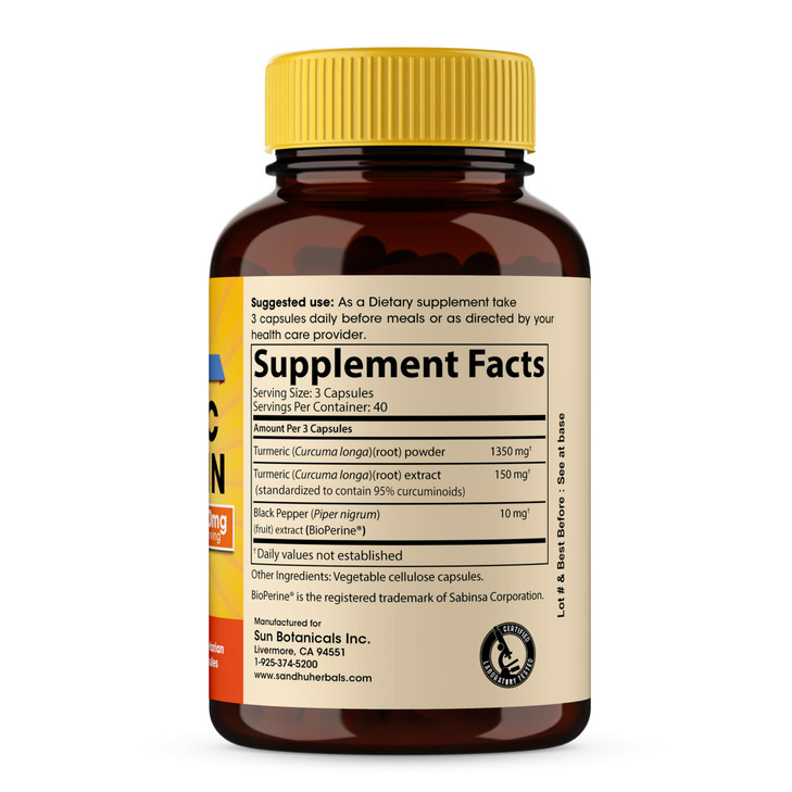 SANDHUHERBALS Organic Turmeric Curcumin 120 Capsules with Bioperine Black Pepper Extract Supplement | 1500mg with 95% Curcuminoids | Immune Support