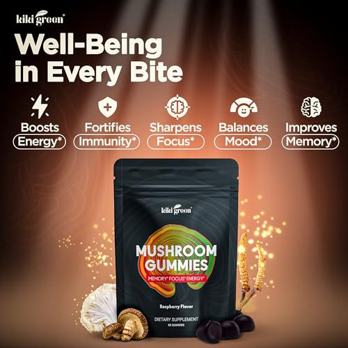 KIKI Green Mushroom Gummies with Lion's Mane and 9 Adaptogen Superfoods Blend - Chaga, Red Reishi, Cordyceps, Shiitake, Black Fungus | 60 Count, 10:1