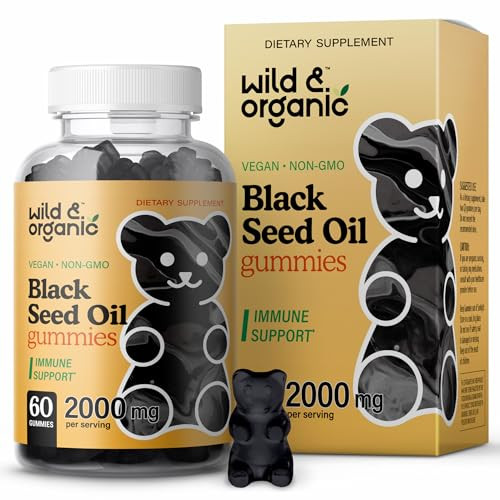 Wild & Organic Black Seed Oil Gummies 2000mg - Hair Skin and Nails Support w/Cumin Oil - Nigella Sativa - Black Seed Gummies for Immunity - 60 Omega
