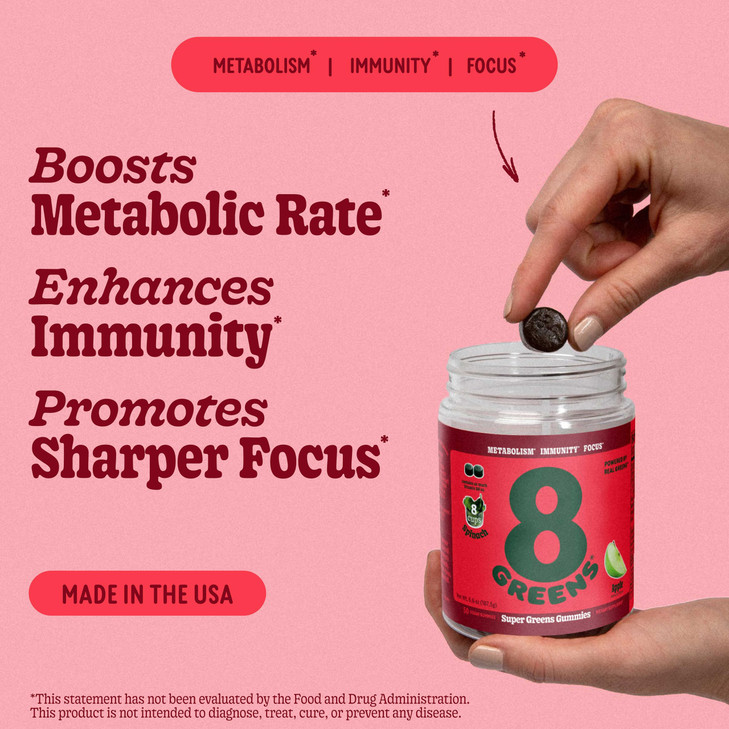 8Greens Supergreens Gummies | Super Greens Powder Superfood Gummy for Metabolism, Immunity & Focus, Digestive Health Enzymes, Organic: Chlorella, Spi