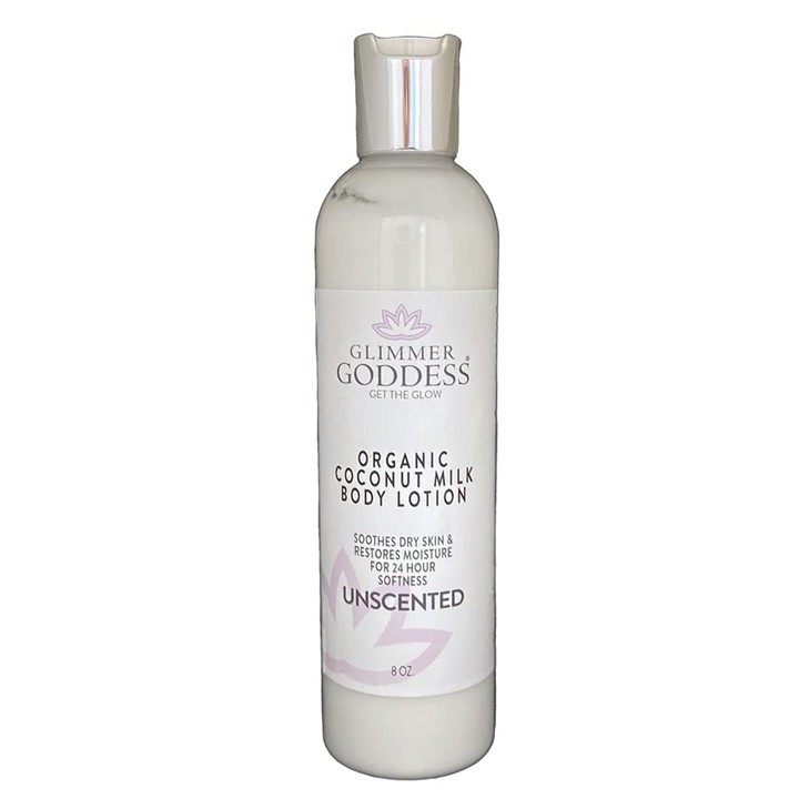 GLIMMER GODDESS Organic Body Lotion - Unscented Coconut Milk, Moisturizes for Soft Silky Skin All Day 8 oz