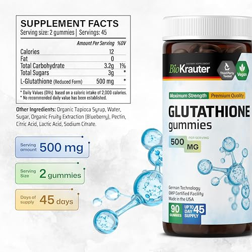 BIO KRAUTER L-Glutathione Gummies - 500 mg - 90 Vegan Chews - Reduced Glutathione Supplement - Antioxidant Supplement
