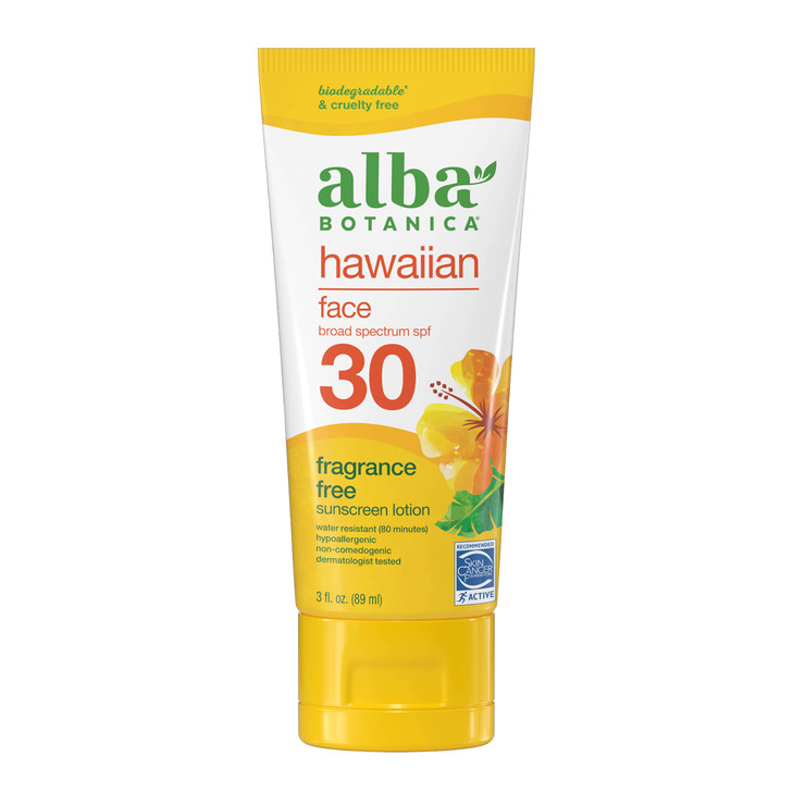 Alba Botanica Sunscreen for Face, Fragrance-Free Hawaiian Face Sunscreen Lotion, Broad Spectrum SPF 30, Water Resistant and Biodegradable, 3 fl. oz.