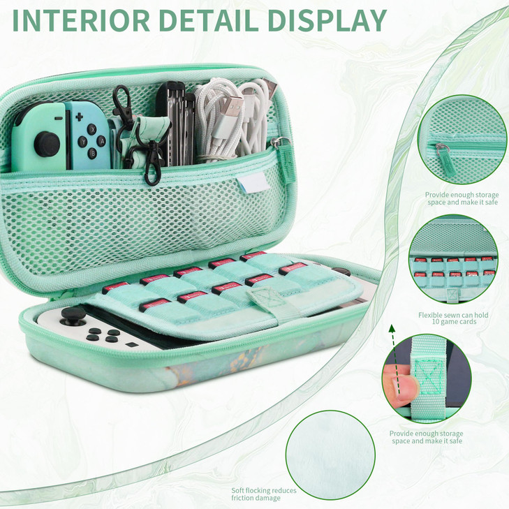 HYPERCASE Green Marble NS/OLED Switch Carrying Case Accessories Storage, Portable Travel Bag for Switch Console & Accessories with 10 Game Card Slots