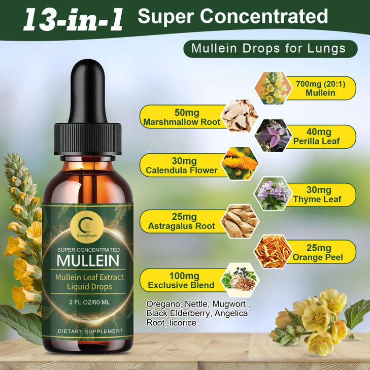 Mullein Drops for Lungs - Lung Cleanse & Detox - Vegan Mullein Leaf Extract Liquid Tincture, Support for Respiratory, Immune, Digestive System, Natur